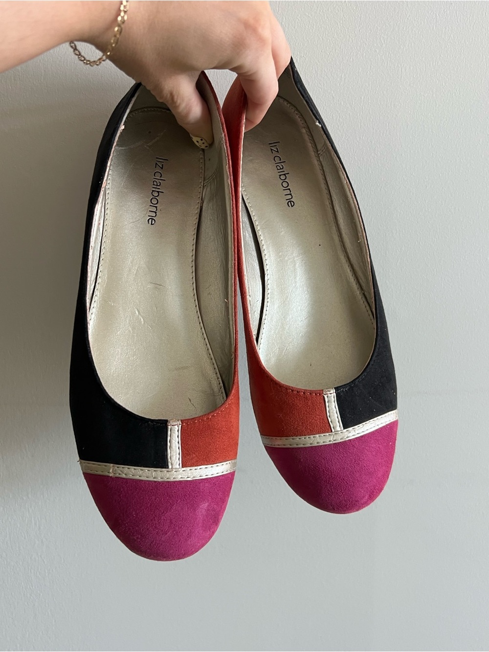 Liz Claiborne Black Red Pink Suede Colorblock Ballet Flats